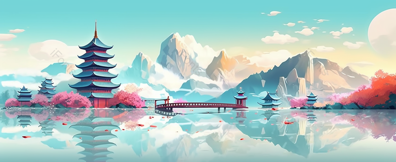 国潮风山水建筑意境插画高台楼亭图,插画/手绘图,插画/手绘图库,插画/手绘图下载,插画/手绘